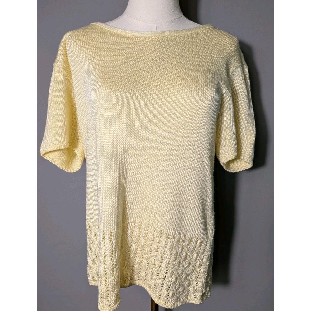 Vintage Butter Yellow Cotton Blnd Knit Crochet Sweater Short Sleeve Top Classic